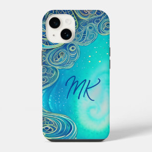 Monogrammed Blue and Teal Abstract Art iPhone 14 Case