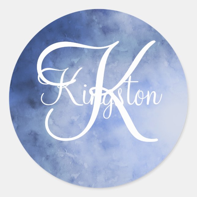 Monogrammed Blue and White Watercolor Classic Round Sticker (Front)