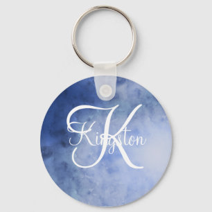 Monogrammed Blue and White Watercolor Keychain