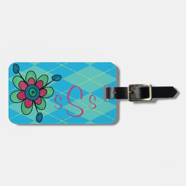Monogrammed Blue & Aqua Argyle & Flower Luggage Tag (Front Horizontal)