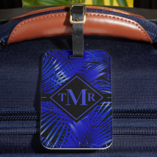 Monogrammed Blue Black Palm Luggage Tag