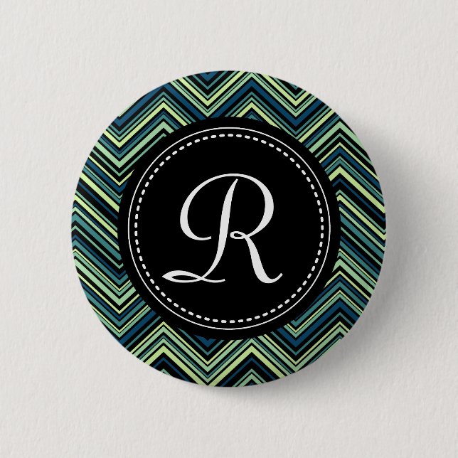 Monogrammed Blue Black Tribal Chevron Pattern 2 Inch Round Button (Front)