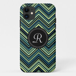 Monogrammed Blue Black Tribal Chevron Pattern iPhone 11 Case