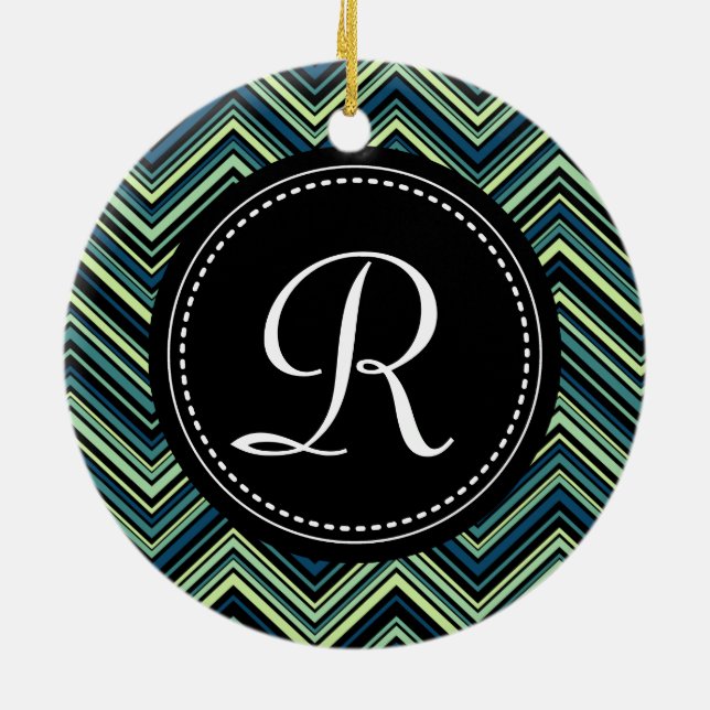 Monogrammed Blue Black Tribal Chevron Pattern Ceramic Ornament (Back)