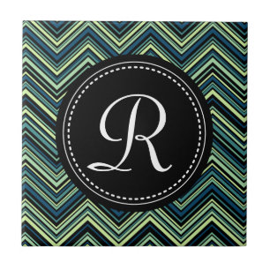 Monogrammed Blue Black Tribal Chevron Pattern Tile