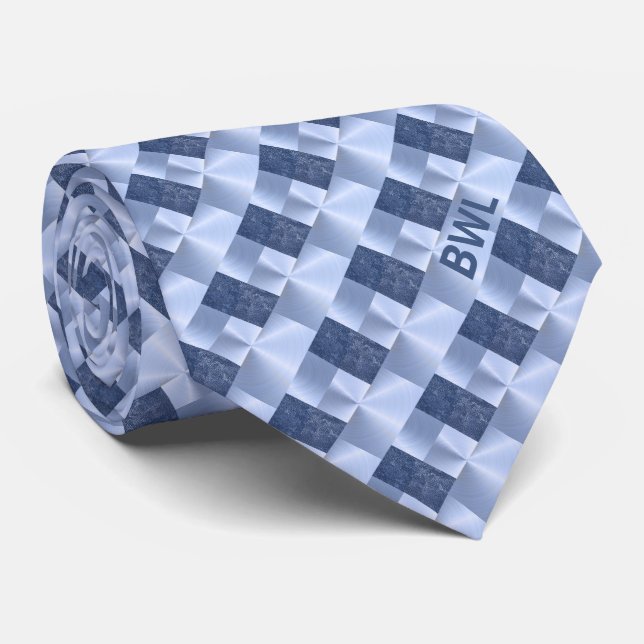 Monogrammed Blue Block Pattern Business Tie (Rolled)