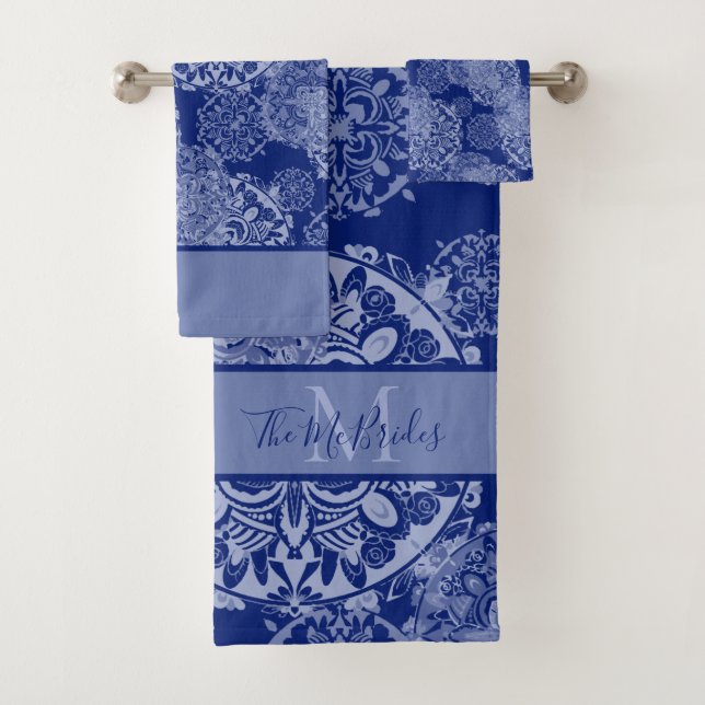 Monogrammed Blue Boho Moody Mandalas Bath Towel Set (Insitu)