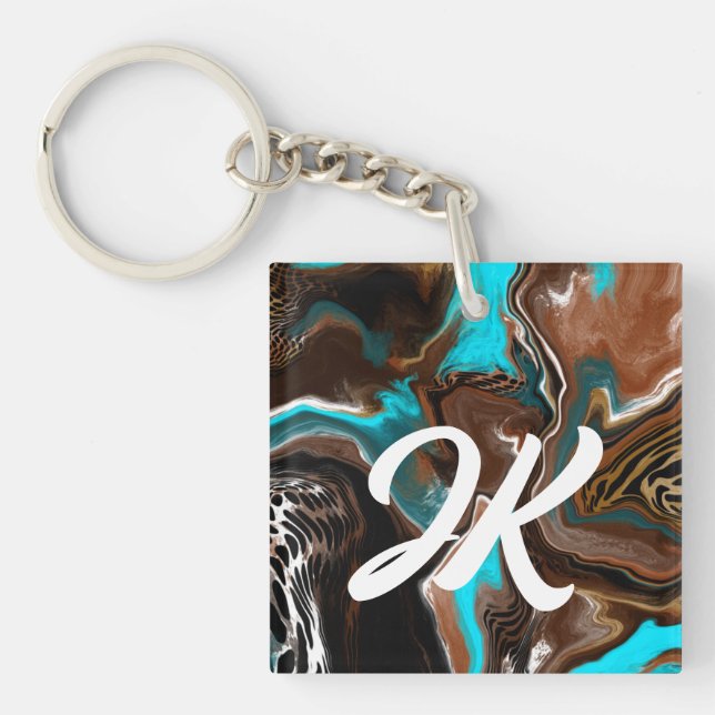 Monogrammed Blue, Brown and Black Abstract Art    Keychain (Front)