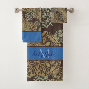 Monogrammed Blue & Brown Boho Moody Mandalas Bath Towel Set