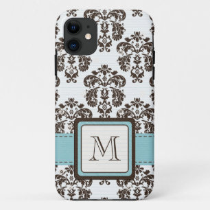 Monogrammed Blue Brown Damask iPhone 11 Case