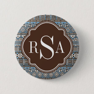 Monogrammed Blue Brown Tribal Pattern 2 Inch Round Button