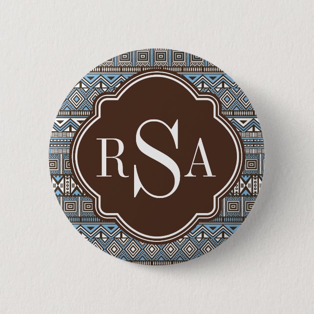 Monogrammed Blue Brown Tribal Pattern 2 Inch Round Button (Front)