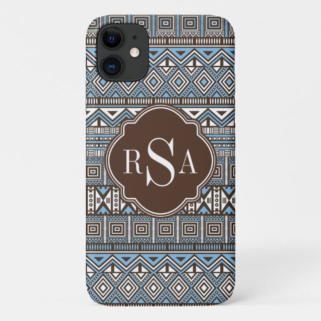 Monogrammed Blue Brown Tribal Pattern Case-Mate iPhone Case (Back)