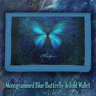 Monogrammed Blue Butterfly Trifold Wallet