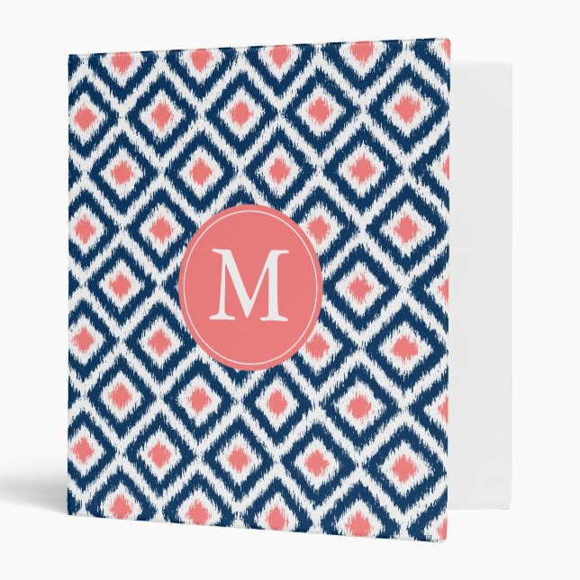 Monogrammed Blue Coral Diamond Ikat Pattern Binder (Front/Inside)