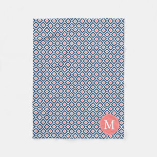 Monogrammed Blue Coral Diamonds Ikat Pattern Fleece Blanket