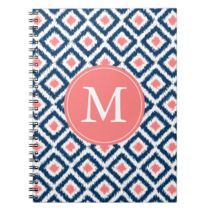 Monogrammed Blue Coral Diamonds Ikat Pattern Notebook