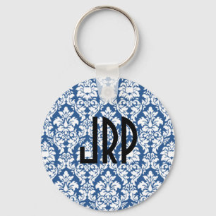 Monogrammed Blue Damask Keychain