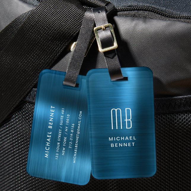 Monogrammed Blue Faux Brushed Metal Luggage Tag (Monogrammed Blue Faux Brushed Metal Luggage Tag)