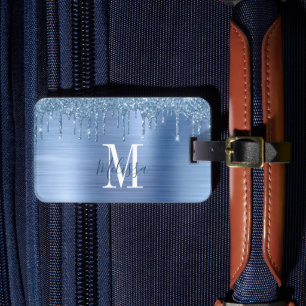 Monogrammed Blue Glitter Drip Brushed Metal Luggage Tag