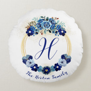  Monogrammed Blue Gold Botanical Garden Wreath Round Pillow