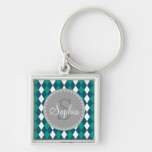 Monogrammed Blue Green Diamdons Pattern Keychain