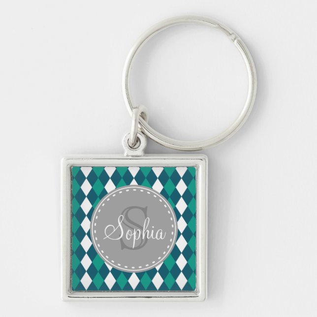 Monogrammed Blue Green Diamdons Pattern Keychain (Front)