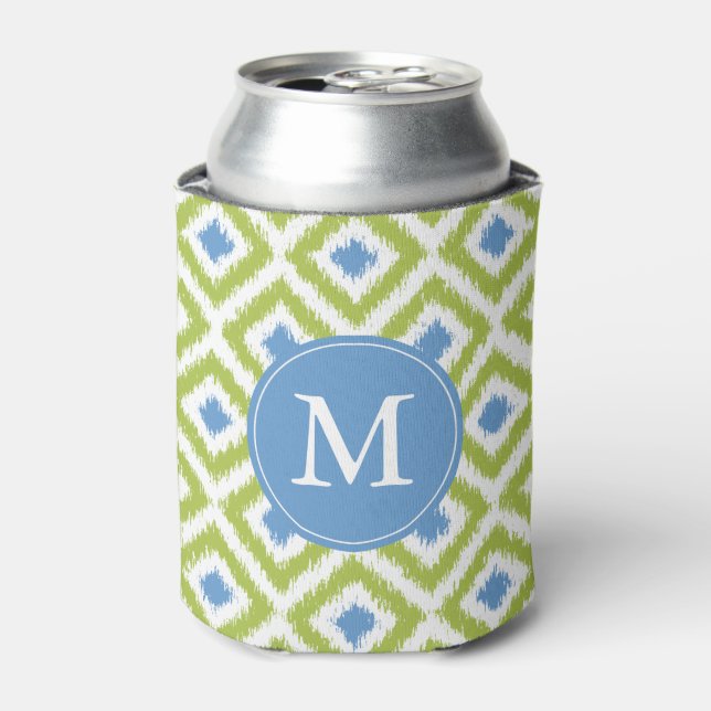 Monogrammed Blue Green Ikat Diamonds Pattern Can Cooler (Can Front)
