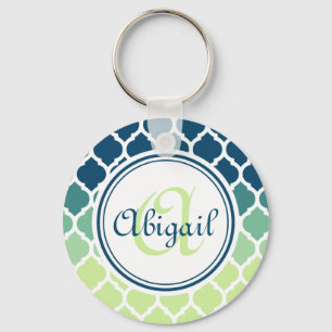Monogrammed Blue Green Moroccan Lattice Pattern Keychain