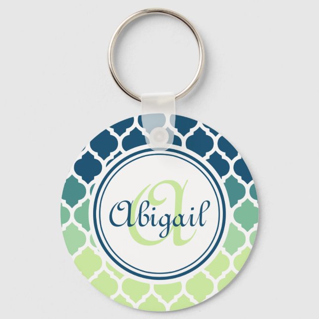 Monogrammed Blue Green Moroccan Lattice Pattern Keychain (Front)