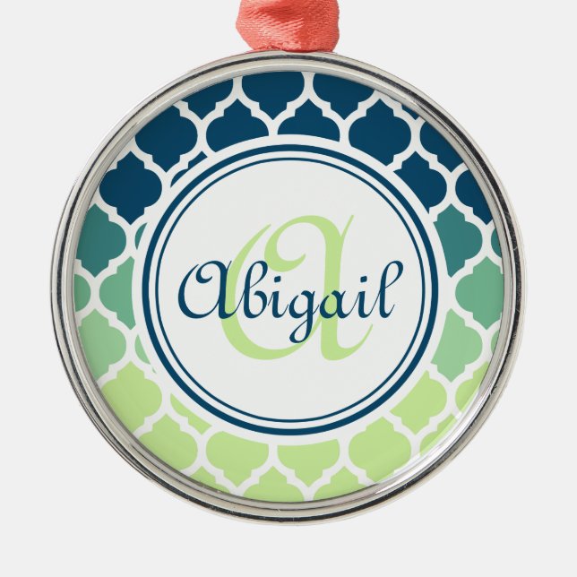 Monogrammed Blue Green Moroccan Lattice Pattern Metal Ornament (Front)