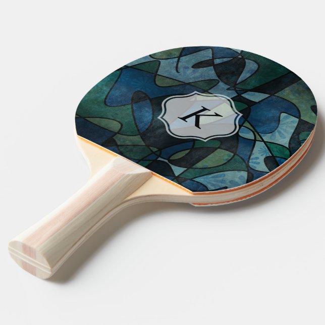 Monogrammed Blue Green Teal Digital Abstract Art Ping Pong Paddle (Back Angle)