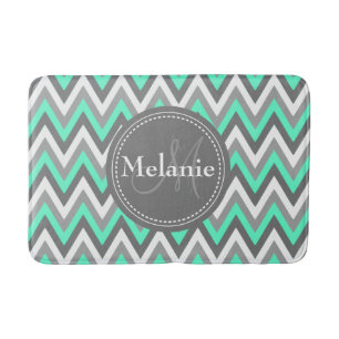 Monogrammed Blue & Grey Chevron Pattern Bath Mat