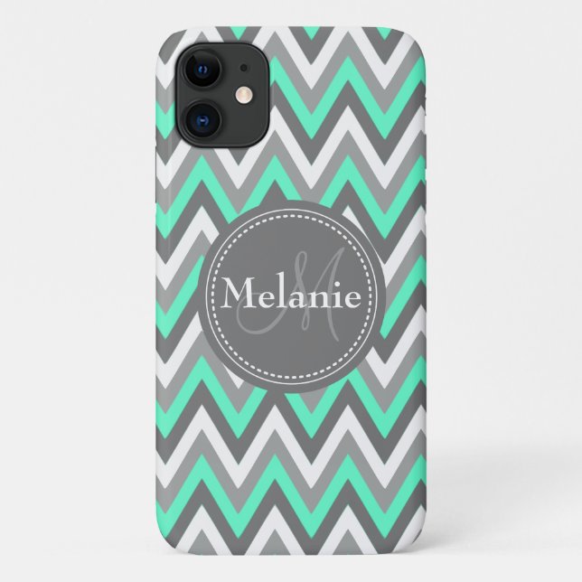 Monogrammed Blue & Grey Chevron Pattern Case-Mate iPhone Case (Back)