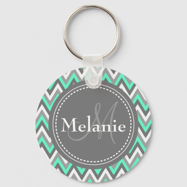 Monogrammed Blue & Grey Chevron Pattern Keychain (Front)