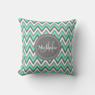 Monogrammed Blue & Grey Chevron Pattern Throw Pillow