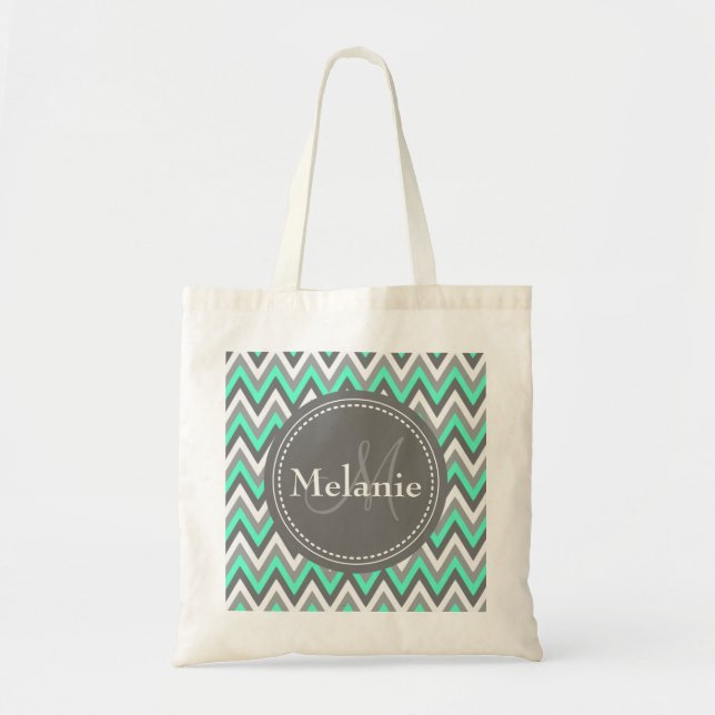Monogrammed Blue & Grey Chevron Pattern Tote Bag (Front)