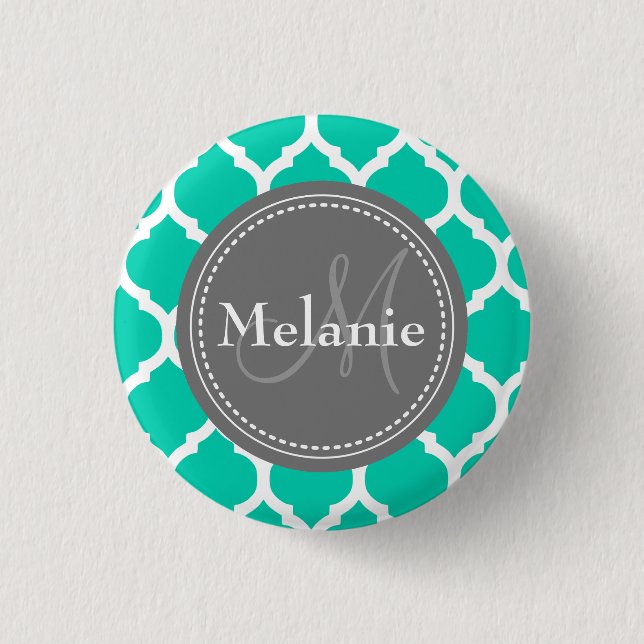 Monogrammed Blue & Grey Quatrefoil 1 Inch Round Button (Front)