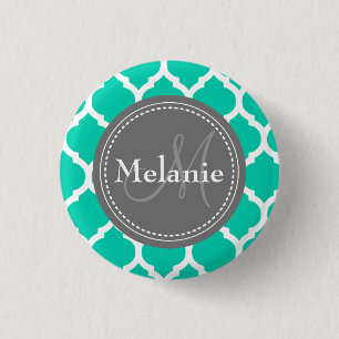 Monogrammed Blue & Grey Quatrefoil 1 Inch Round Button