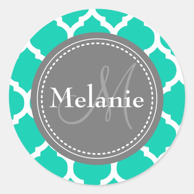 Monogrammed Blue & Grey Quatrefoil Classic Round Sticker (Front)