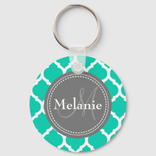 Monogrammed Blue & Grey Quatrefoil Keychain