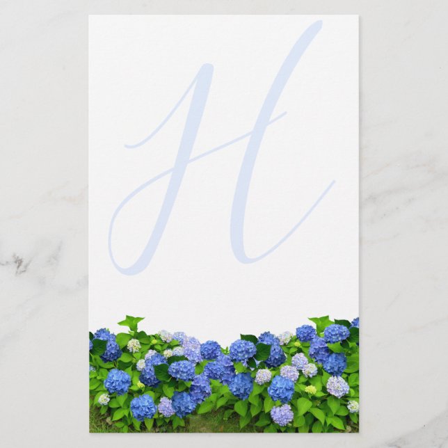 Monogrammed Blue Hydrangea Garden Writing Paper (Front)