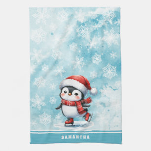 Monogrammed Blue Ice Skating Penguin Christmas Kitchen Towel