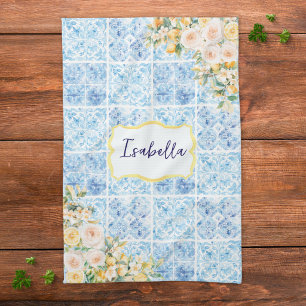 Monogrammed Blue Mediterranean Tiles Flower Lemon Kitchen Towel