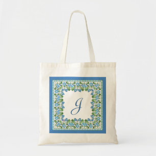 Monogrammed Blue Morning Glory Border Tote Bag