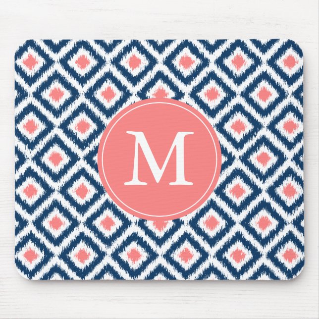 Monogrammed Blue Navy Diamonds Ikat Pattern Mouse Pad (Front)