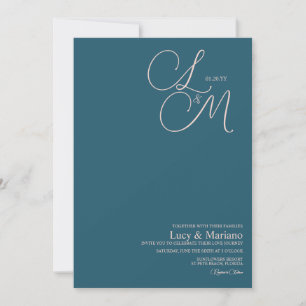 Monogrammed Blue Pink Elegant Script Wedding Invitation