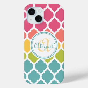 Monogrammed Blue Pink Moroccan Lattice Pattern iPhone 15 Case
