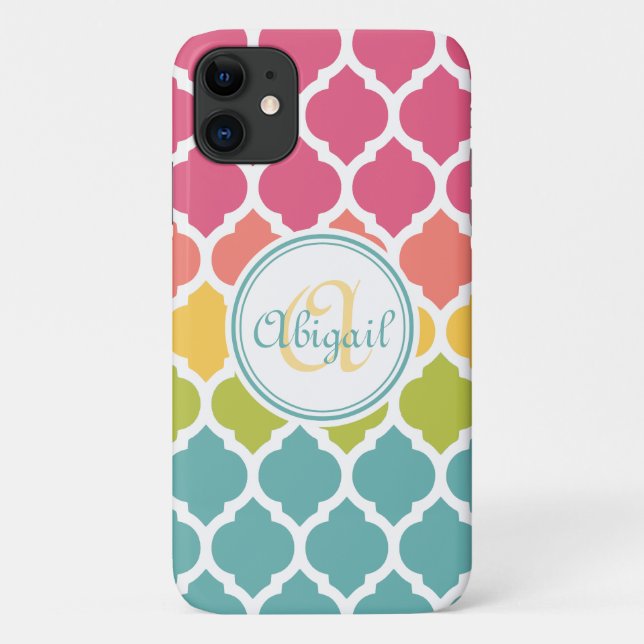 Monogrammed Blue Pink Moroccan Lattice Pattern Case-Mate iPhone Case (Back)