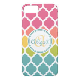 Monogrammed Blue Pink Moroccan Lattice Pattern Case-Mate iPhone Case